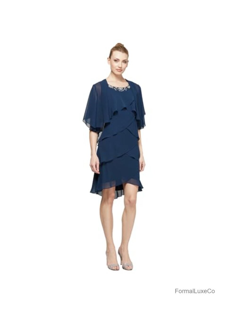 Sleeveless Beaded Neck Chiffon Dress with Jacket Formal Cocktail